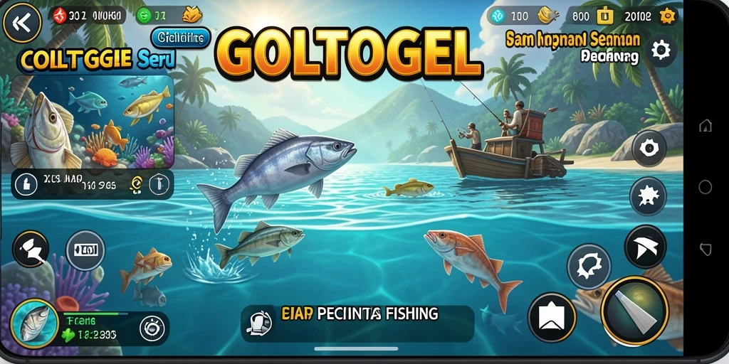 Screenshot GOLTOGEL menampilkan aksi seru memancing di laut.