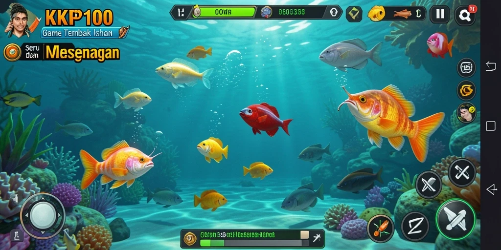 Tampilan gameplay KPK100 saat menembak ikan di lautan.