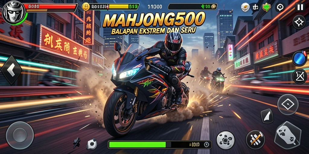 Screenshot gameplay MAHJONG500 yang memperlihatkan aksi balapan motor yang seru.