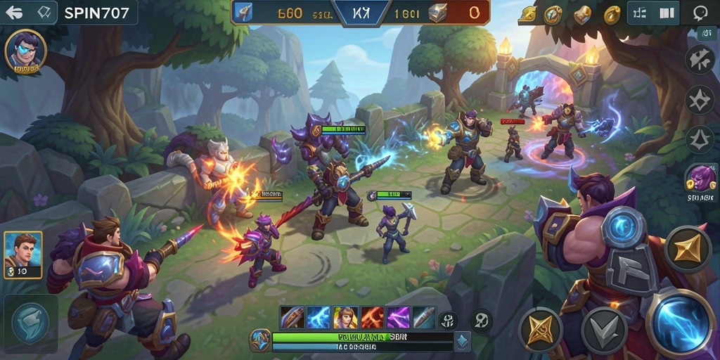 Screenshot gameplay SPIN707 menampilkan pertarungan seru antar karakter MOBA.